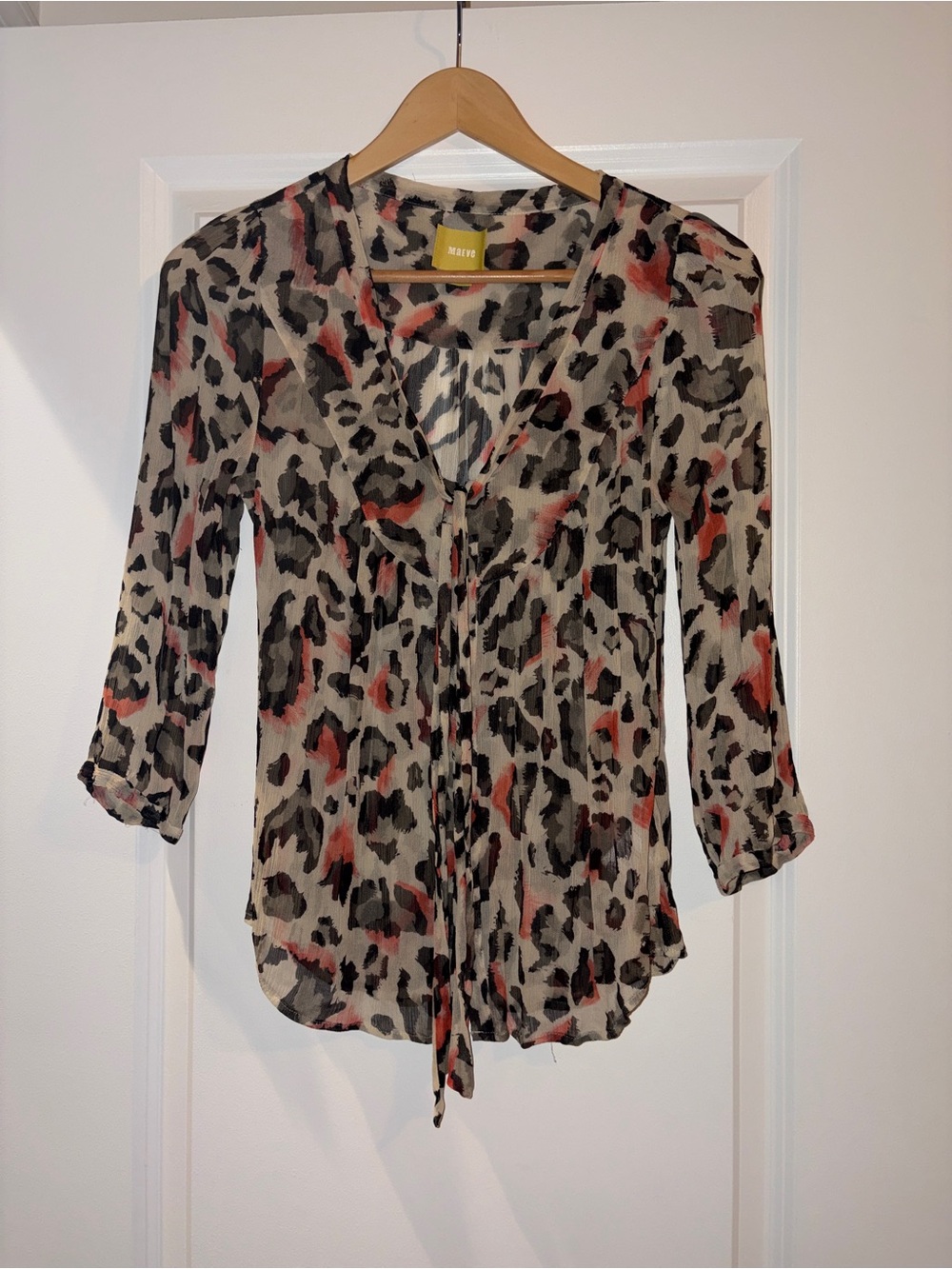 Maeve (Anthropologie) | 100% Silk Leopard-Print Tie-Front Blouse